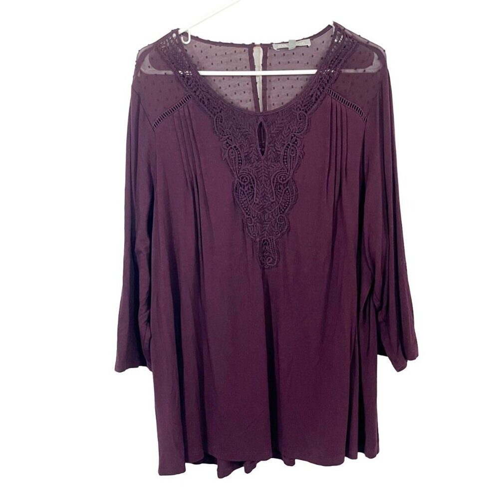 Daniel Rainn Purple Lace Swiss Dot‎ Jersey Knit Long Sleeve Top - Size 2X